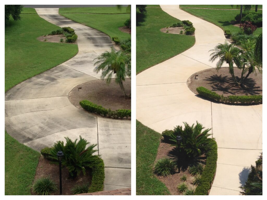 driveway before and after photo of how pressure wash services increased their curb appeal